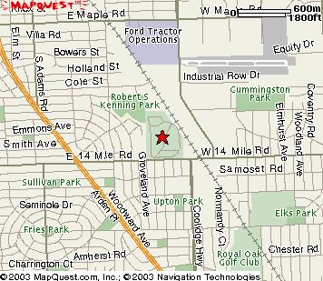 map of Clover Hill Park, 2425 E. 14 Mile Rd, Birmingham, MI 48009